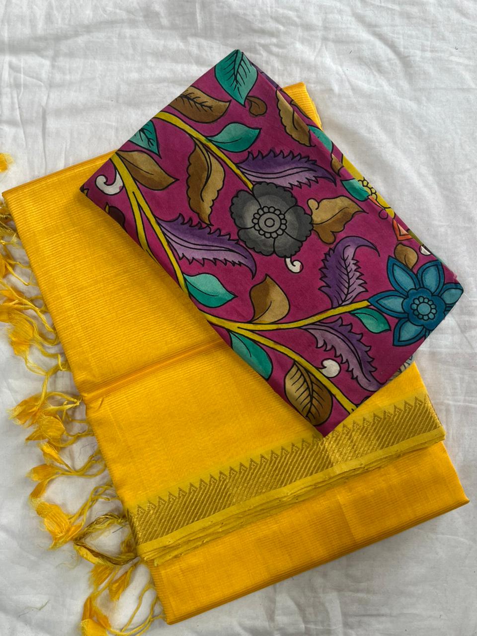 Peach Handloom Mangalagiri Pattu  with a Pen Kalamkari Blouse  Cotton Saree